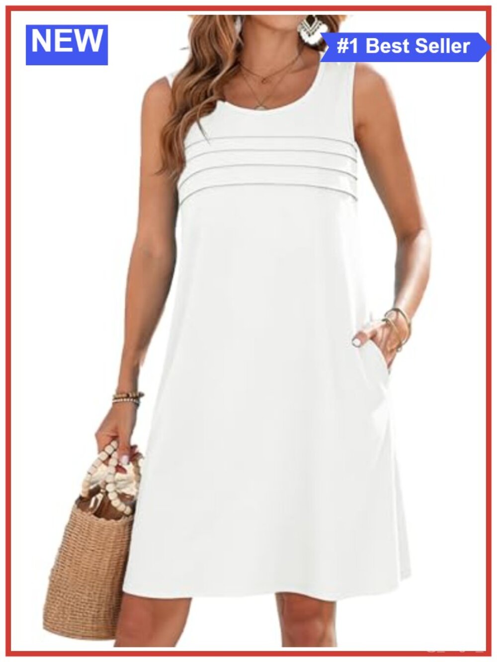Womens Summer Pleated Front Tank Sundress with Pockets